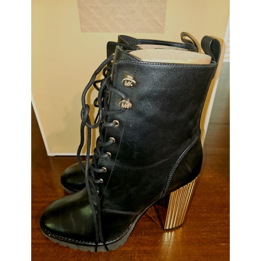 NEW MICHAEL KORS BLACK PORTER LEATHER LACE UP ZIP GOLD HEEL BOOTS SZ 8.5 - Picture 5 of 10